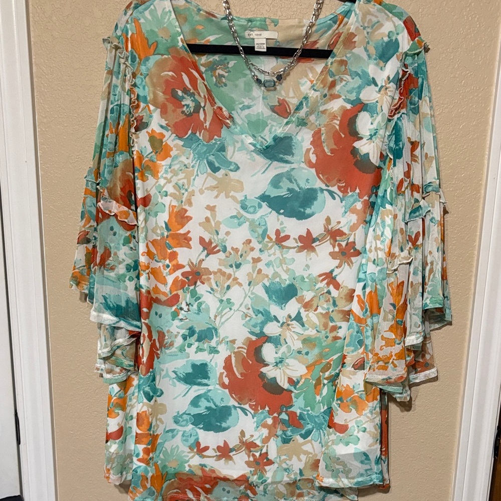 Cato Floral V-Neck Tunic - Orange and Teal